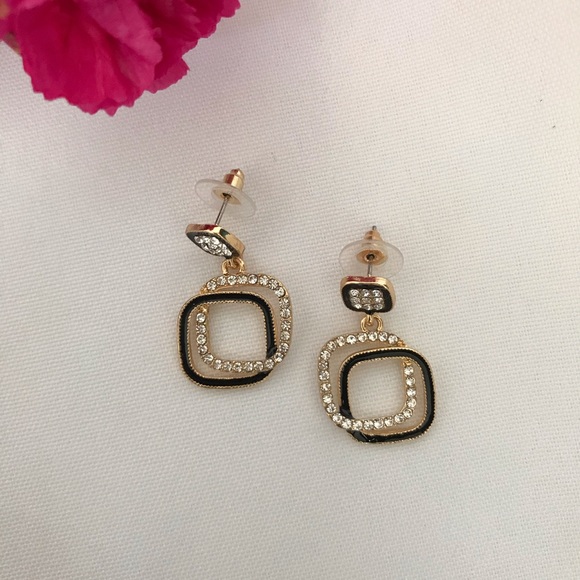 Gold-Tone Black Enamel Glass Stone Drop Earrings - Picture 6 of 13